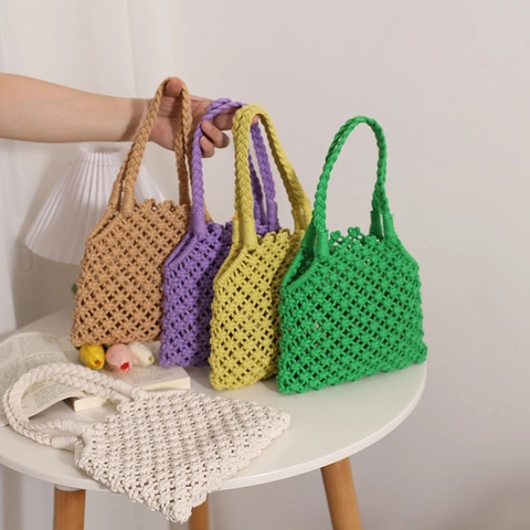 Women Cotton Rope Woven Handbag Hollow Out Bohemian Beach Resort Casual Small Tote Bag