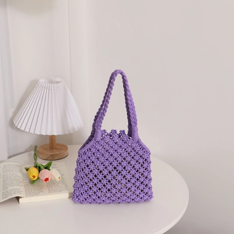 Women Cotton Rope Woven Handbag Hollow Out Bohemian Beach Resort Casual Small Tote Bag