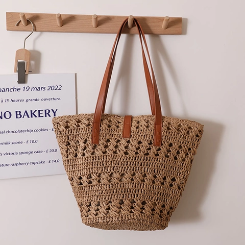 Borsa Tote In Paglia Intrecciata Da Donna Design Traforato Vacanze Estive Borsa A Spalla Con Spallacci In Pelle PU