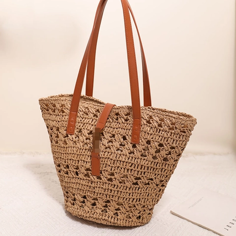 Borsa Tote In Paglia Intrecciata Da Donna Design Traforato Vacanze Estive Borsa A Spalla Con Spallacci In Pelle PU