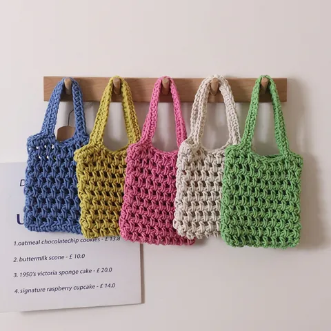 Damen Handtasche Baumwollkordel Handgewebt Hollow Out Mesh Tote Sommer Strand Urlaub Boho Stil Top Handle Tasche