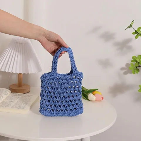 Damen Handtasche Baumwollkordel Handgewebt Hollow Out Mesh Tote Sommer Strand Urlaub Boho Stil Top Handle Tasche