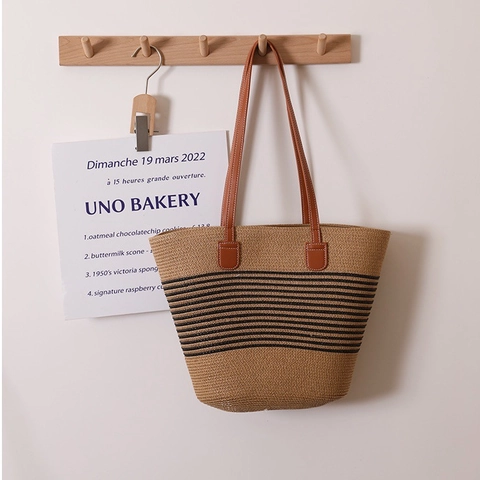 Women Straw Woven Tote Bag Large Capacity Striped Summer Beach Shoulder Bag PU Leather Handles Bohemian Casual Handbag
