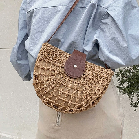 Borsa Tracolla Donna Paglia Intrecciata Mezzaluna Traforata Estate Spiaggia Boho Borsa Spalla Patta Pelle PU