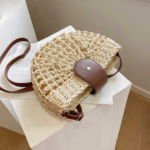 Borsa Tracolla Donna Paglia Intrecciata Mezzaluna Traforata Estate Spiaggia Boho Borsa Spalla Patta Pelle PU