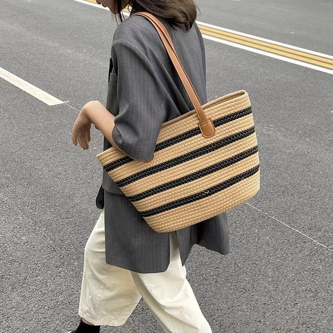 Bolso Tote Tejido A Rayas Gran Capacidad Bolso De Hombro De Cuerda De Algodón Con Asa De Cuero PU Estilo De Playa Verano
