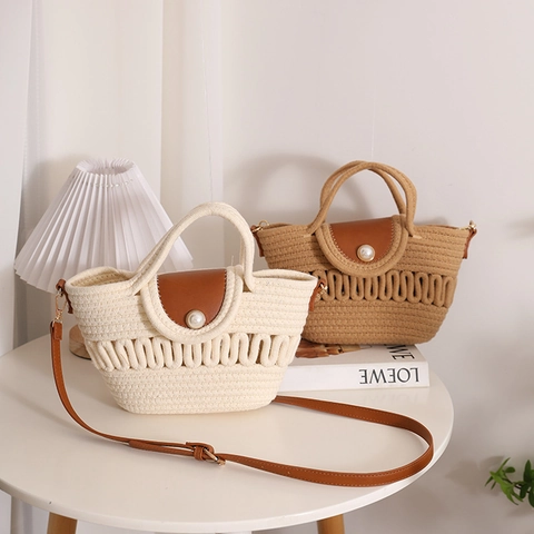 Borsa Tracolla Intrecciata Corda Cotone Paglia Borsa Mano Motivo Ondulato Incavo Patta Pelle PU Decorazione Perla Artificial Estate