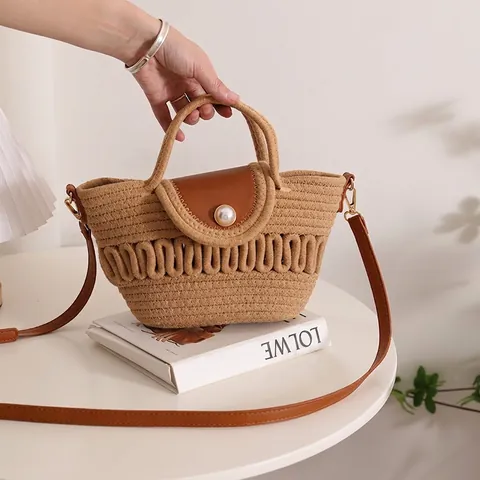 Borsa Tracolla Intrecciata Corda Cotone Paglia Borsa Mano Motivo Ondulato Incavo Patta Pelle PU Decorazione Perla Artificial Estate