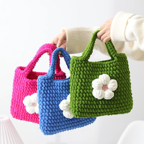 Handgefertigte Gestrickte Blumen Handtasche Für Damen Süße Häkel-Tote-Bag Chenille-Garn Griffbeutel Florale Ästhetik Lässige Alltagstasche
