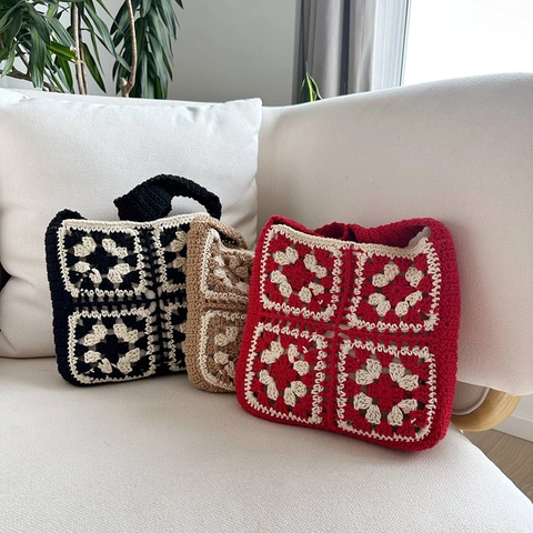 Handgemachte Häkel Granny Square Schultertasche Für Damen Strick Boho Vintage Tasche Mit Reißverschluss