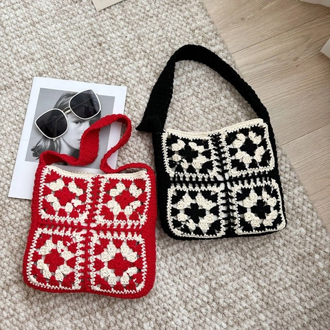 Handgemachte Häkel Granny Square Schultertasche Für Damen Strick Boho Vintage Tasche Mit Reißverschluss