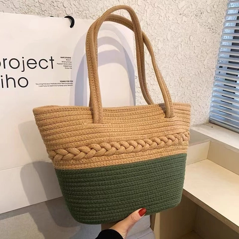 Borsa A Spalla Intrecciata Blocchi Di Colore Filo Di Cotone Paglia Per Donne Spiaggia Vacanza Estate Quotidiana