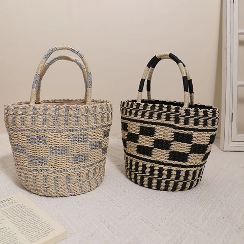 Handgewebte Stroh Eimertasche Papier Metallfaden Schachbrettmuster Kordelzug Sommer Strand Urlaub Handtasche Damen
