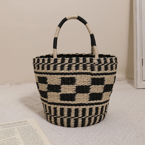 Handgewebte Stroh Eimertasche Papier Metallfaden Schachbrettmuster Kordelzug Sommer Strand Urlaub Handtasche Damen