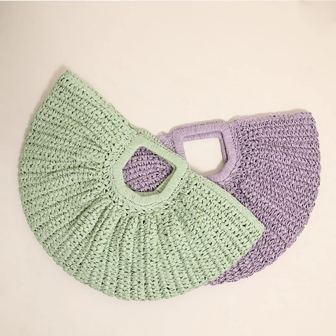 Women Woven Straw Handbag Paper Fiber Half Moon Fan Shape Summer Beach Vacation Minimalist Solid Color Bag