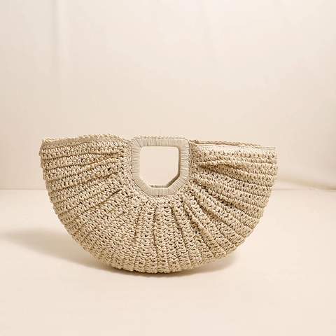 Women Woven Straw Handbag Paper Fiber Half Moon Fan Shape Summer Beach Vacation Minimalist Solid Color Bag