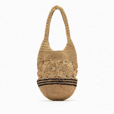 Damen Handgefertigte Gehäkelte Stroh Schultertasche Boho Blumen Ausschnitt Strand Urlaub Tasche Mit Innenfutter Streifen
