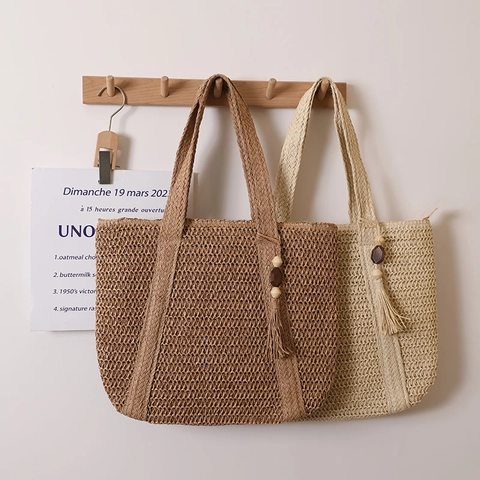 Gewebte Stroh-Tragetasche Große Kapazität Schulterhandtasche Mit Holzperlen Quaste Reißverschluss Strand Für Damen