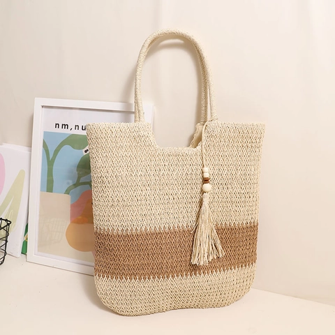 Woven Straw Shoulder Bag For Women Color Block Paper Straw Tote With Wood Bead Tassel Zipper Closure Holiday Beach Bag