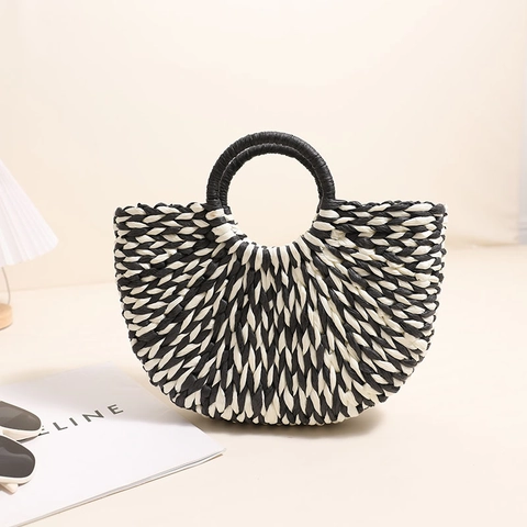Borsa A Mano Intrecciata Semicircolare Borsa In Paglia Con Manico Tondo Estate Spiaggia Vacanze Moda Minimalista Donne