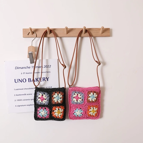 Häkel Umhängetasche Granny Square Blume Gewebte Stroh Quadratisch Vintage Boho Strand Schultertasche Damen