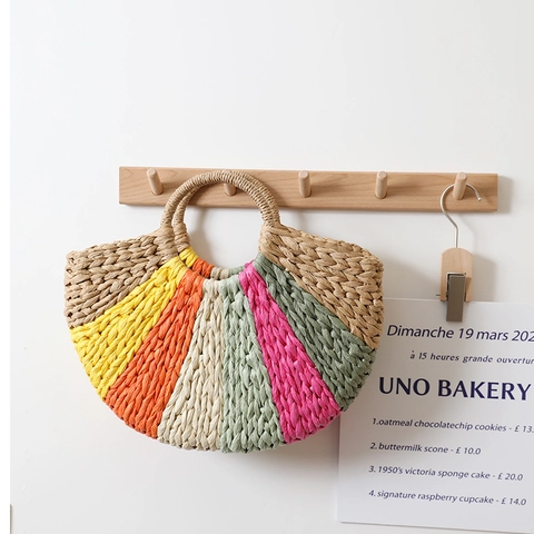 Borsa A Mano In Paglia Intrecciata A Righe Arcobaleno Semicerchio Borsa Da Spiaggia Per Vacanze Estive Da Donna