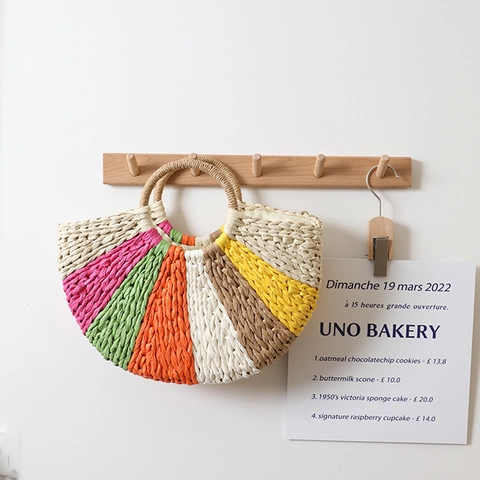 Borsa A Mano In Paglia Intrecciata A Righe Arcobaleno Semicerchio Borsa Da Spiaggia Per Vacanze Estive Da Donna