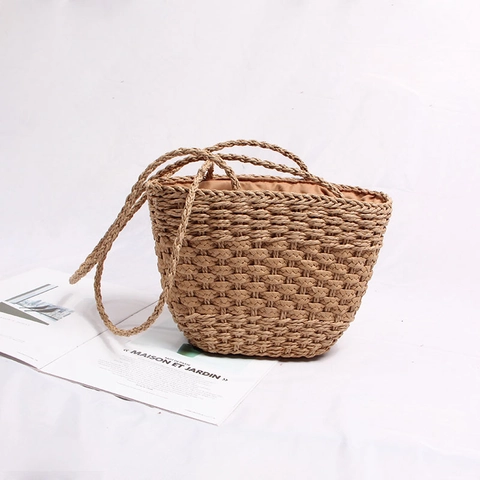 Handgefertigte Schultertasche Aus Stroh Damen Sommer Strand Urlaub Tote Trapezförmig Handgewebt Modeaccessoire Durable Pouch