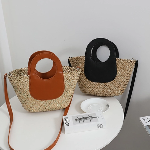 Borsa A Tracolla In Paglia Intrecciata Da Donna Con Manico In Pelle PU Estate Spiaggia Vacanze Borsa A Spalla