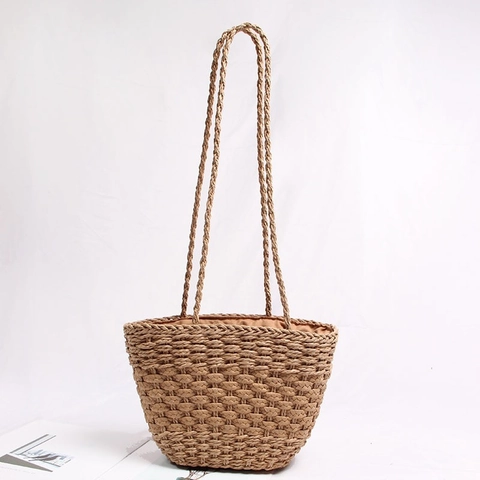 Handgefertigte Schultertasche Aus Stroh Damen Sommer Strand Urlaub Tote Trapezförmig Handgewebt Modeaccessoire Durable Pouch