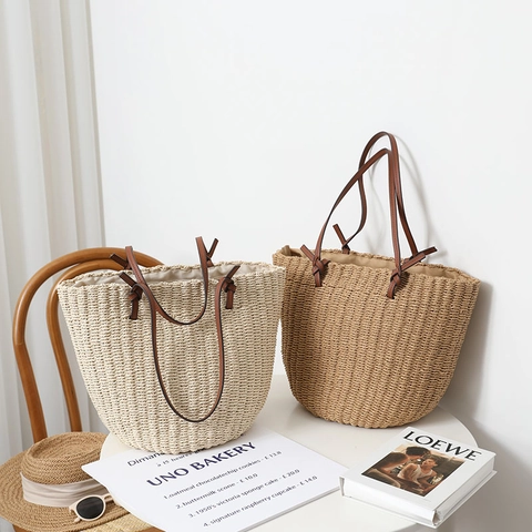 Damen Stroh Gewebte Eimertasche Große Kapazität Strandtasche Mit Leder Schultergurten Reißverschluss Vintage Handgewebt