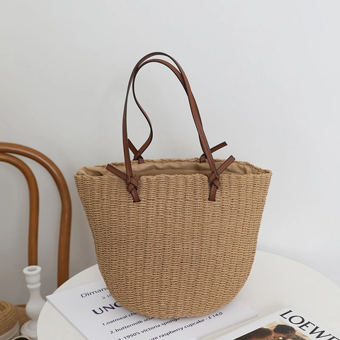 Damen Stroh Gewebte Eimertasche Große Kapazität Strandtasche Mit Leder Schultergurten Reißverschluss Vintage Handgewebt