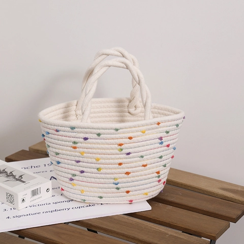 Borsa A Mano Da Donna In Corda Di Cotone Intrecciata Con Pompon Colorati Fatta A Mano Stile Spiaggia Vacanze Arcobaleno