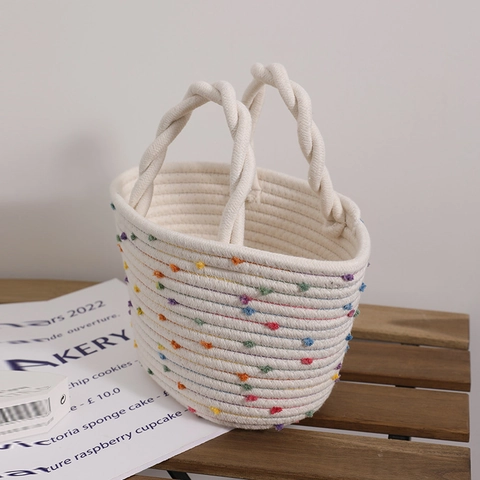 Borsa A Mano Da Donna In Corda Di Cotone Intrecciata Con Pompon Colorati Fatta A Mano Stile Spiaggia Vacanze Arcobaleno