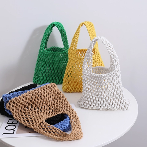 Women Handwoven Cotton Rope Mesh Handbag Hollow Out Tote Summer Beach Vacation Daily Fashion Versatile Net Bag Accessory
