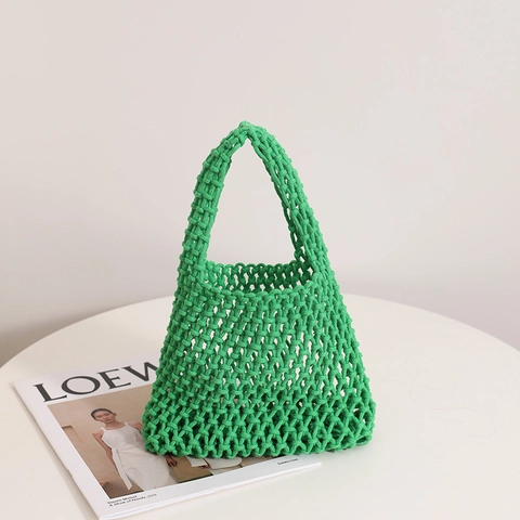 Women Handwoven Cotton Rope Mesh Handbag Hollow Out Tote Summer Beach Vacation Daily Fashion Versatile Net Bag Accessory