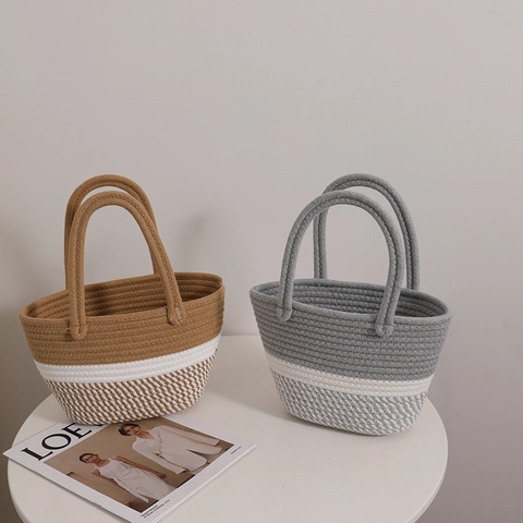 Borsa A Mano In Corda Di Cotone Intrecciata A Mano Borsa Tote A Righe Colorate Spiaggia Vacanze Stile Bohémien Vintage Donna
