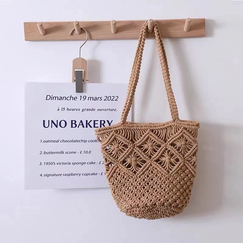 Γυναικεία Πλεκτή Τσάντα Ώμου Macrame Χειροποίητη Με Σχέδιο Διαμάντι Μποέμ Παραλία Διακοπές Τσάντα Από Βαμβακερό Σχοινί