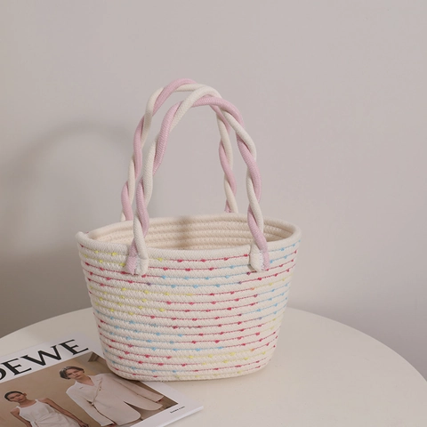 Handmade Cotton Rope Woven Handbag Contrast Color Tote For Women Summer Beach Vacation Picnic Basket INS Style Fresh