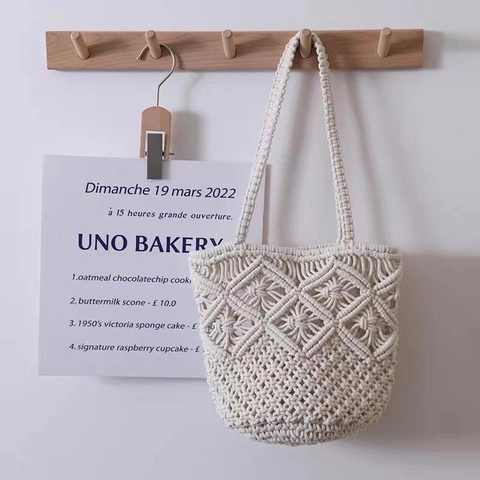 Γυναικεία Πλεκτή Τσάντα Ώμου Macrame Χειροποίητη Με Σχέδιο Διαμάντι Μποέμ Παραλία Διακοπές Τσάντα Από Βαμβακερό Σχοινί