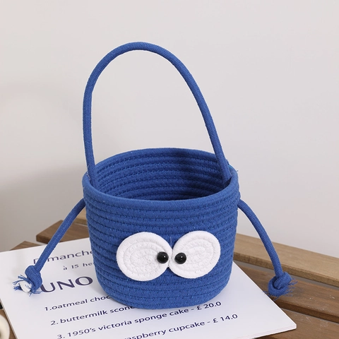 Cute Cartoon Big Eyes Cotton Rope Woven Bucket Handbag Niche Design Portable Storage Basket For Women Girls