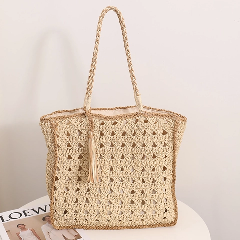 Stroh Gewebte Umhängetasche Damen Ausgehöhlt Quaste Sommer Strand Urlaub Tote Große Kapazität Reißverschluss Boho Handtasche