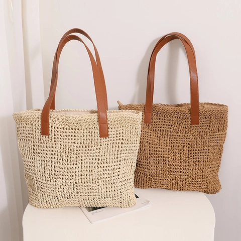 Strohgewebte Schultertasche Große Kapazität Schachbrett Tote Mit PU Ledergriffen Für Sommer Strand Urlaub Damen