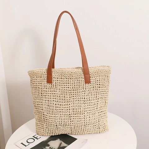 Strohgewebte Schultertasche Große Kapazität Schachbrett Tote Mit PU Ledergriffen Für Sommer Strand Urlaub Damen