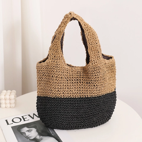 Borsa A Mano In Paglia Intrecciata Bicolore Fatta A Mano Borsa Tote Da Spiaggia Vacanze Minimalista Grande Capacità Donna