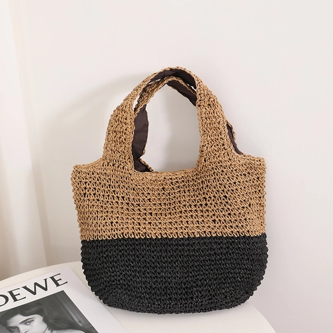Borsa A Mano In Paglia Intrecciata Bicolore Fatta A Mano Borsa Tote Da Spiaggia Vacanze Minimalista Grande Capacità Donna