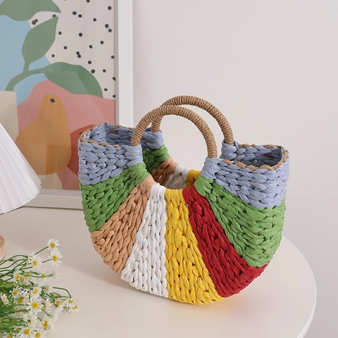 Borsa A Mano In Paglia Arcobaleno Intrecciata Blocchi Di Colore Mezza Luna Estate Spiaggia Vacanze Bohemien