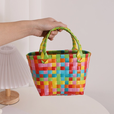 Bolso Tejido A Cuadros Bolso De Cesta De Plástico Hecho A Mano Verano Playa Vacaciones Tote Con Asa Superior Mujeres
