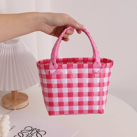 Bolso Tejido A Cuadros Bolso De Cesta De Plástico Hecho A Mano Verano Playa Vacaciones Tote Con Asa Superior Mujeres