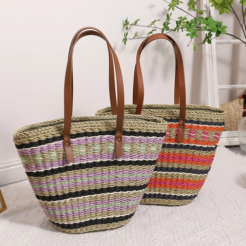 Borsa Tote In Paglia A Righe Colorate Con Tracolla In Pelle PU Grande Capacità Borsa A Spalla Intrecciata Da Spiaggia Per Donna